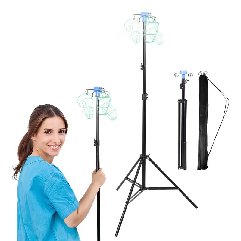 2 Pcs Foldable IV Pole Stand Set with Tripod Base